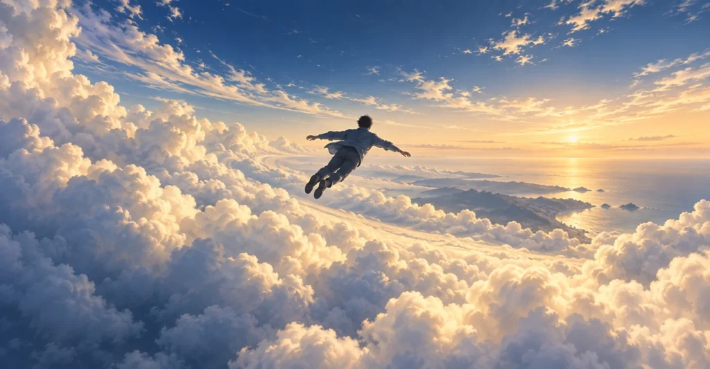雲の上で両腕を広げ、朝日の方へ飛ぶ人物の夢のイメージ