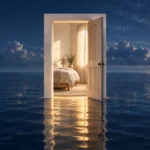 三日月が浮かぶ夜の海に、明るい寝室へ続く扉が開く夢のイメージ