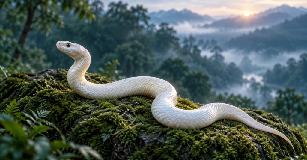 霧の森を背景に、苔むした岩の上で頭を上げる白い蛇のイメージ