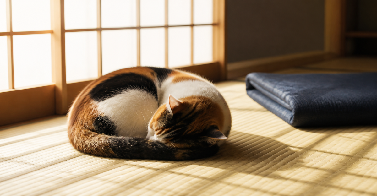 障子越しの午後の光が差す和室の畳の上で、三毛猫が丸まって眠っている低い視点の写真
