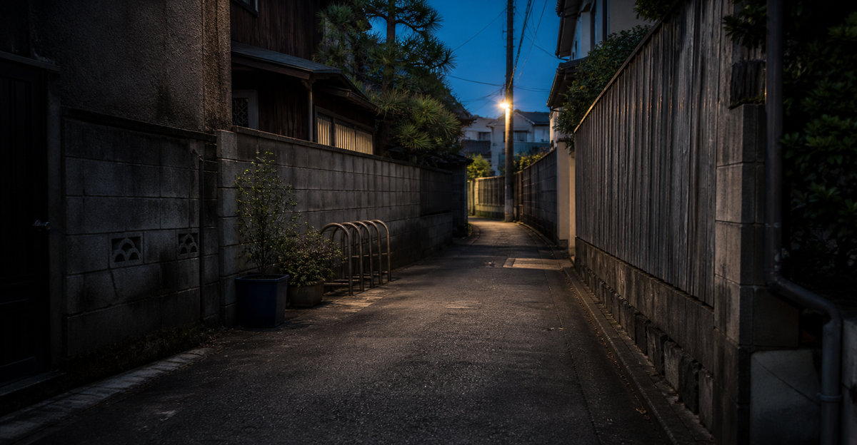 夕暮れの誰もいない日本の住宅街の細い路地。ブロック塀が続き、奥の街灯がともり長い影が伸びている