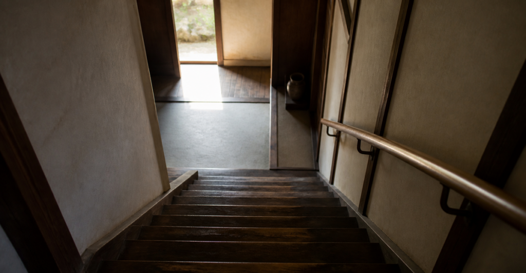 日本家屋の階段を上から見下ろした構図。木の踏み板が薄暗い玄関へ続き、下から朝の光が差している